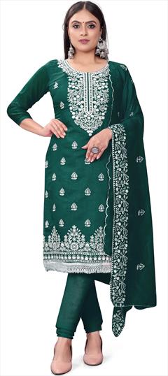 Casual Green color Salwar Kameez in Chanderi Silk, Cotton fabric with Churidar, Straight Embroidered, Sequence, Thread work : 1892876
