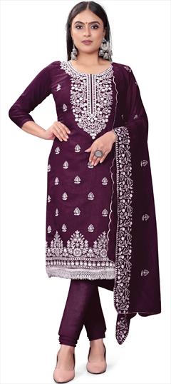 Casual Purple and Violet color Salwar Kameez in Chanderi Silk, Cotton fabric with Churidar, Straight Embroidered, Sequence, Thread work : 1892877