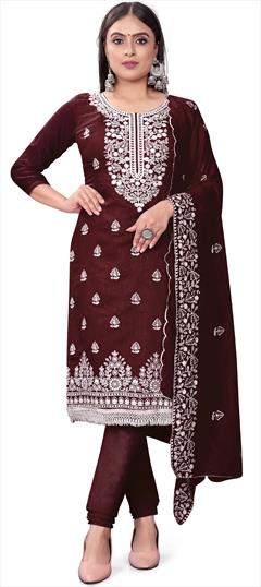 Casual Red and Maroon color Salwar Kameez in Chanderi Silk, Cotton fabric with Churidar, Straight Embroidered, Sequence, Thread work : 1892879