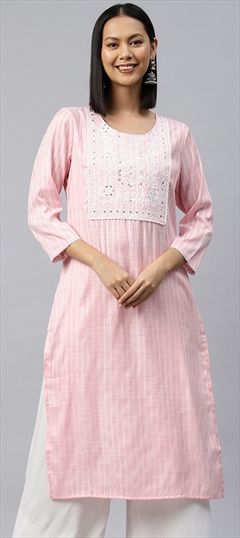 Casual Pink and Majenta color Kurti in Muslin fabric with Straight Embroidered, Resham, Sequence, Thread work : 1892916