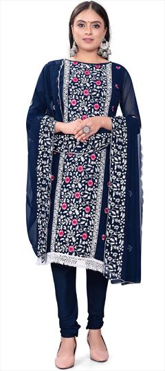 Casual Blue color Salwar Kameez in Georgette fabric with Churidar, Straight Embroidered, Lace, Resham, Sequence, Thread work : 1892958