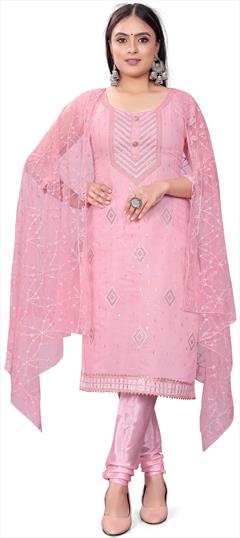 Casual Pink and Majenta color Salwar Kameez in Chanderi Silk, Cotton fabric with Churidar, Straight Embroidered, Sequence, Thread work : 1892973