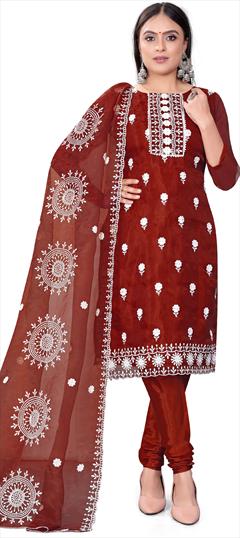Casual Red and Maroon color Salwar Kameez in Organza Silk fabric with Churidar, Straight Embroidered, Sequence work : 1892985