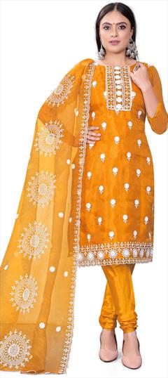 Casual Yellow color Salwar Kameez in Organza Silk fabric with Churidar, Straight Embroidered, Sequence work : 1892986