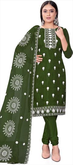 Casual Green color Salwar Kameez in Organza Silk fabric with Churidar, Straight Embroidered, Sequence work : 1892987