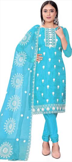 Casual Blue color Salwar Kameez in Organza Silk fabric with Churidar, Straight Embroidered, Sequence work : 1892988