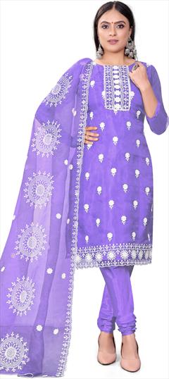 Casual Purple and Violet color Salwar Kameez in Organza Silk fabric with Churidar, Straight Embroidered, Sequence work : 1892989