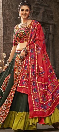 Mehendi Sangeet, Reception, Wedding Green color Lehenga in Rayon fabric with Flared Embroidered, Mirror, Resham, Thread work : 1893017