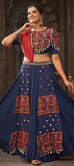 Mehendi Sangeet, Reception, Wedding Blue color Lehenga in Rayon fabric with Flared Embroidered, Mirror, Resham, Thread work : 1893020