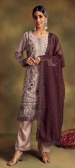 Festive, Party Wear, Reception Purple and Violet color Salwar Kameez in Georgette fabric with Pakistani, Straight Embroidered, Resham, Thread work : 1893024