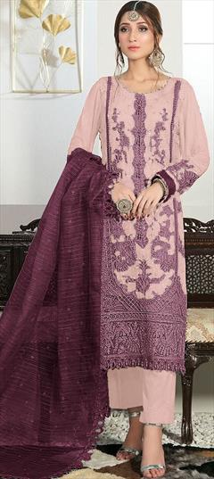 Festive, Party Wear, Reception Pink and Majenta color Salwar Kameez in Georgette fabric with Pakistani, Straight Embroidered, Resham, Thread work : 1893025