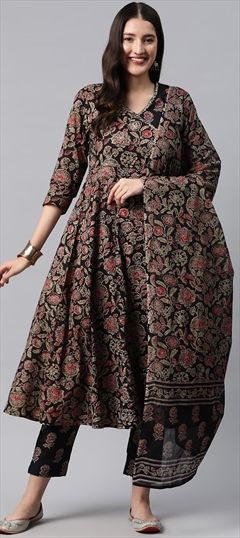 Party Wear, Summer Black and Grey color Salwar Kameez in Cotton fabric with Anarkali Printed, Thread work : 1893151