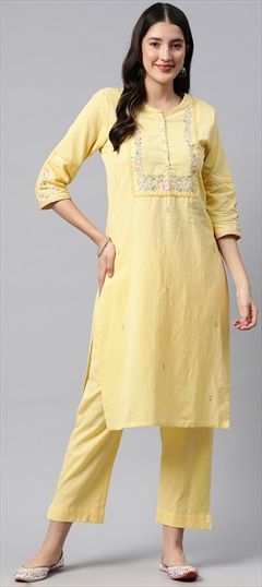 Party Wear, Summer Yellow color Salwar Kameez in Cotton fabric with Straight Embroidered, Resham, Thread work : 1893154