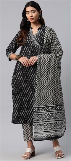 Party Wear, Summer Black and Grey color Salwar Kameez in Cotton fabric with Straight Printed, Sequence, Thread work : 1893156