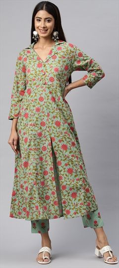 Party Wear, Summer Green color Co-ords Set in Cotton fabric with Straight Floral, Printed work : 1893218