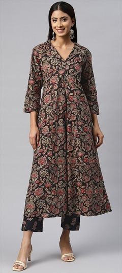 Party Wear, Summer Black and Grey color Co-ords Set in Cotton fabric with Straight Floral, Printed work : 1893221