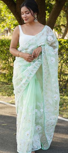 Party Wear, Traditional Green color Saree in Organza Silk fabric with Classic, South Embroidered, Resham, Thread, Zircon work : 1893307