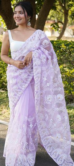 Party Wear, Traditional Purple and Violet color Saree in Organza Silk fabric with Classic, South Embroidered, Resham, Thread, Zircon work : 1893308