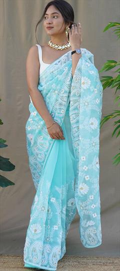 Party Wear, Traditional Blue color Saree in Organza Silk fabric with Classic, South Embroidered, Resham, Thread, Zircon work : 1893310