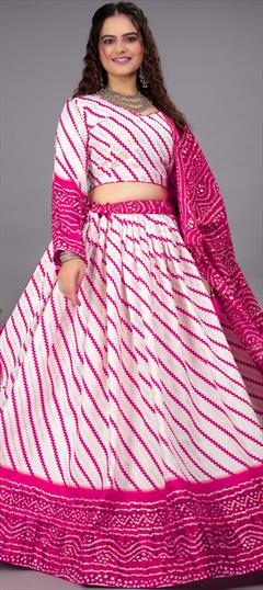 Festive, Navratri, Traditional Pink and Majenta, White and Off White color Lehenga in Cotton fabric with Flared Bandhej, Printed work : 1893340