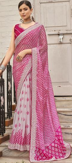 Party Wear, Traditional, Wedding Pink and Majenta, White and Off White color Saree in Organza Silk fabric with Classic, South Sequence work : 1893415