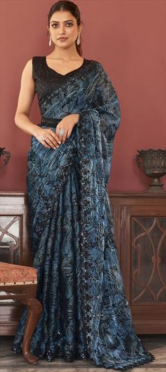 Party Wear, Traditional, Wedding Blue color Saree in Organza Silk fabric with Classic, South Digital Print, Sequence work : 1893420