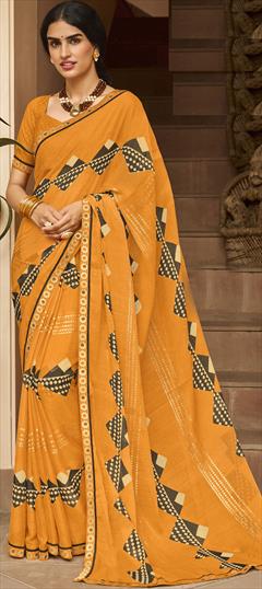 Engagement, Festive, Reception Gold color Saree in Chiffon fabric with Classic Foil Print work : 1893441