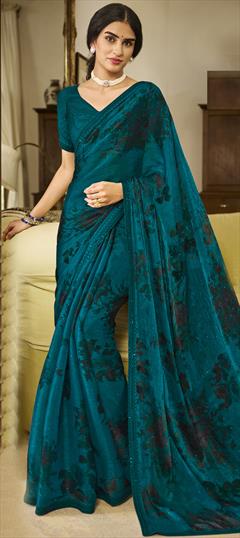 Engagement, Festive, Reception Blue color Saree in Chiffon fabric with Classic Digital Print, Stone work : 1893447