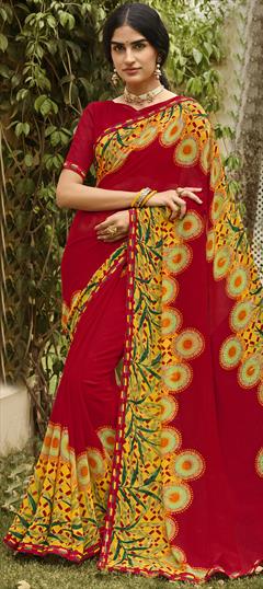 Engagement, Festive, Reception Red and Maroon color Saree in Georgette fabric with Classic Printed work : 1893452