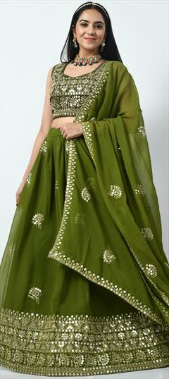 Reception, Wedding Green color Lehenga in Georgette fabric with Flared Embroidered, Sequence, Thread, Zari work : 1893615