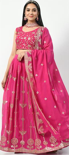 Reception, Wedding Pink and Majenta color Lehenga in Georgette fabric with Flared Embroidered, Sequence, Thread, Zari work : 1893618