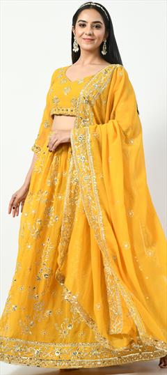 Reception, Wedding Yellow color Lehenga in Georgette fabric with Flared Embroidered, Sequence, Thread, Zari work : 1893624