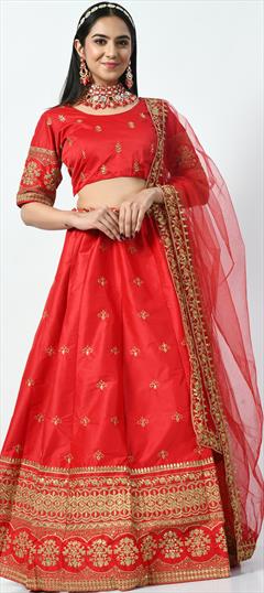 Festive, Party Wear, Reception Red and Maroon color Lehenga in Satin Silk fabric with Flared Embroidered, Sequence, Thread, Zari work : 1893653