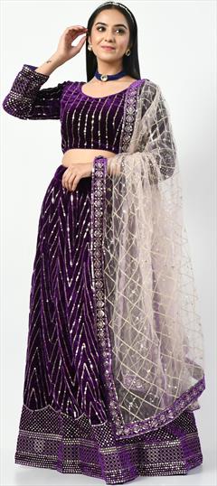 Festive, Party Wear, Reception Purple and Violet color Lehenga in Velvet fabric with Flared Embroidered, Sequence, Thread, Zari work : 1893654
