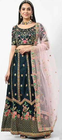 Festive, Party Wear, Reception Blue color Lehenga in Satin Silk fabric with Flared Embroidered, Sequence, Thread, Zari work : 1893656