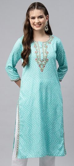 Casual, Summer Blue color Kurti in Rayon fabric with Long Sleeve, Straight Bandhej, Printed, Resham, Thread work : 1893658
