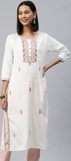 Casual, Summer White and Off White color Kurti in Rayon fabric with Straight Embroidered, Resham, Thread work : 1893659