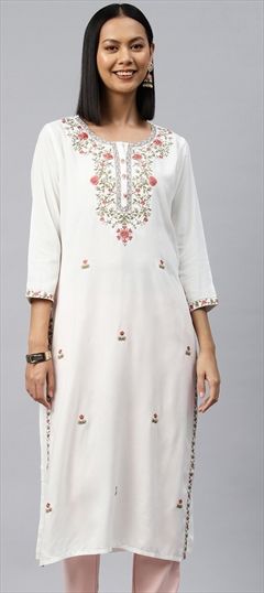 Casual, Summer White and Off White color Kurti in Rayon fabric with Long Sleeve, Straight Embroidered, Resham, Thread work : 1893660
