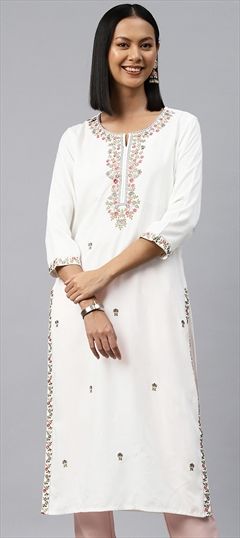 Casual, Summer White and Off White color Kurti in Rayon fabric with Long Sleeve, Straight Embroidered, Resham, Thread work : 1893661