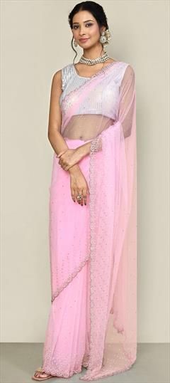 Bridal, Wedding Pink and Majenta color Saree in Net fabric with Classic Bugle Beads, Stone work : 1893747