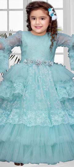 Party Wear Blue color Girls Gown in Net fabric with Appliques, Sequence work : 1893793