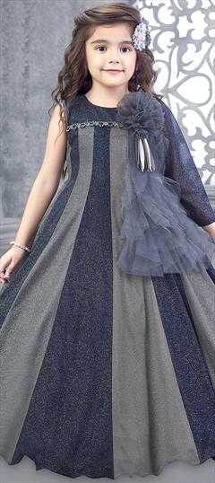 Party Wear Black and Grey, Blue color Girls Gown in Net fabric with Bugle Beads work : 1893818