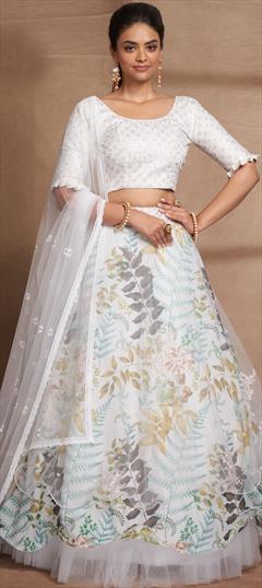 Festive, Mehendi Sangeet, Wedding White and Off White color Lehenga in Net, Organza Silk fabric with Flared Digital Print, Embroidered, Sequence, Thread work : 1893867