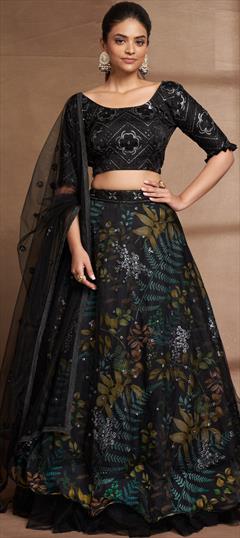 Festive, Mehendi Sangeet, Wedding Black and Grey color Lehenga in Net, Organza Silk fabric with Flared Digital Print, Embroidered, Sequence, Thread work : 1893869