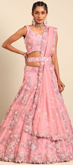 Bridal, Designer, Wedding Pink and Majenta color Lehenga in Net fabric with A Line Sequence work : 1893911