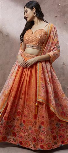 Designer, Engagement, Reception, Wedding Orange color Lehenga in Organza Silk fabric with Flared Floral, Printed, Sequence work : 1893920