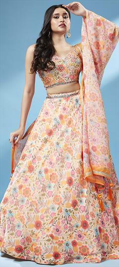 Designer, Engagement, Reception, Wedding Orange color Lehenga in Organza Silk fabric with Flared Floral, Printed, Sequence work : 1893923