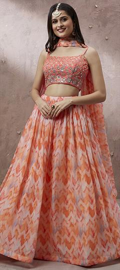 Designer, Engagement, Reception, Wedding Pink and Majenta color Lehenga in Organza Silk fabric with Flared Floral, Printed, Sequence work : 1893928
