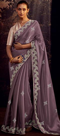 Traditional, Wedding Purple and Violet color Saree in Silk fabric with South Stone, Thread work : 1893947