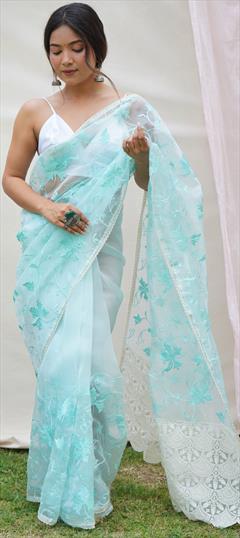 Party Wear, Traditional Blue color Saree in Organza Silk fabric with Classic, South Embroidered, Lace, Resham, Thread work : 1893955